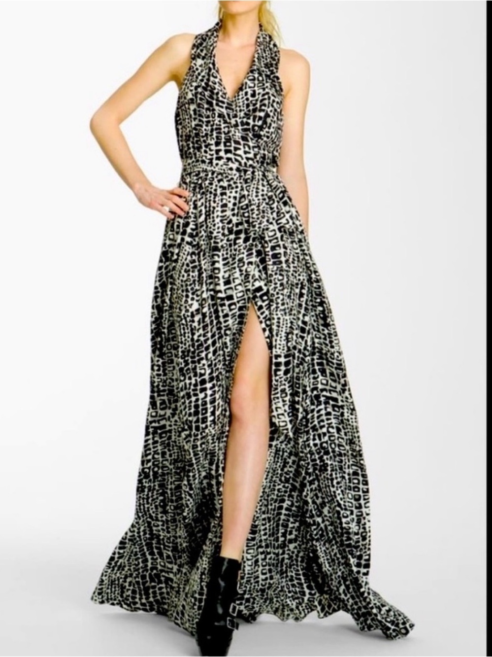 Rachel Zoe Black and White Halter Maxi Dress with Front Slit, NWT